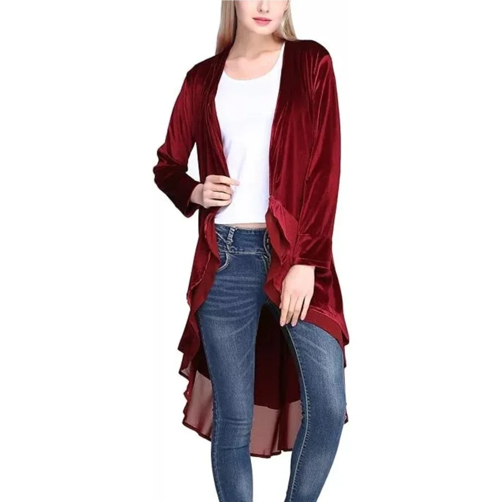 Urban CoCo Wine Red Velvet Cardigan Coat w/‎ Asymmetric Chiffon Hem Open Front M
